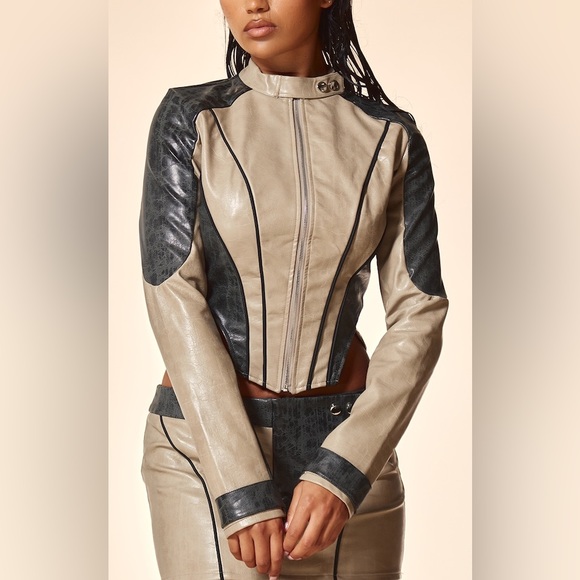 PLT The Label Black Contrast Panel Detail Dipped Front Faux Leather Jacket 10 - Picture 3 of 7